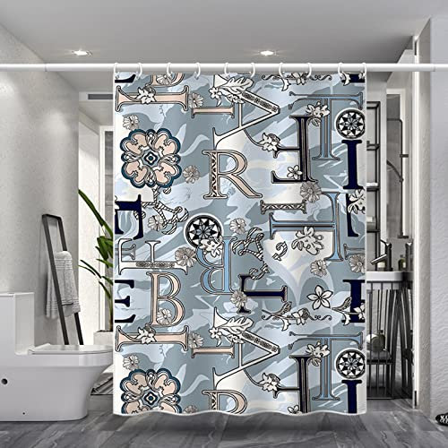 Banemi Rideau Douche Camping Car, Kit Rideau Douche Polyester Bleu Lettre Rideaux de Bain 80X180cm