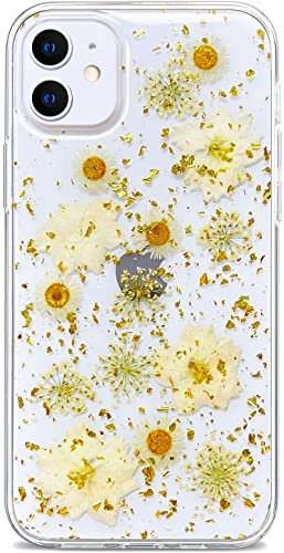 Efitoo Designed for iPhone 11 Pressed Flower Case, Cute Bling Glitter Sparkle Clear with Design Soft Silicone TPU Rubber Dried Real Daisy Floral Aesthetic Case for Women Girls (Golden Flower)