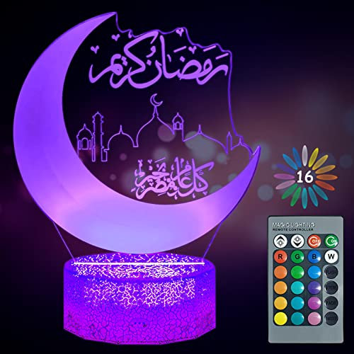 Shinybox Ramadan Dekoration LED DIY Lamp, Mubarak Ramadan LED Lampe, 3D 16 Farben Ramadan Mondlampe Farbwechsellampe mit Fernbedienung, Eid Dekorationen für Outdoor Indoor Party Deko(A)