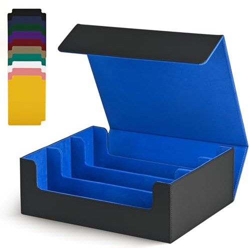 UAONO Storage Box for Trading Cards, 1800+ PU Leather Commander Deck Case, Magnetic Closure Holder Fits Magic Game Cards (Black & Blue)