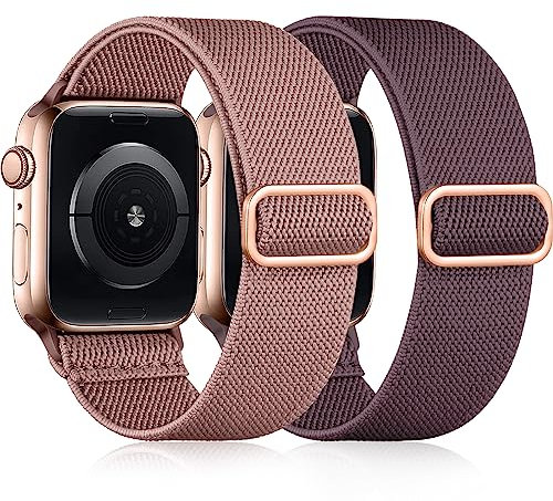 Easuny Cinturino Elastico Compatibile con Cinturino Apple Watch 38mm 40mm 41mm, Banda Nylon Morbida Regolabile per iWatch Series 9 8 7 6 5 4 3 2 1 SE Ultra per Donne Uomini, Fumo Viola/Rosa