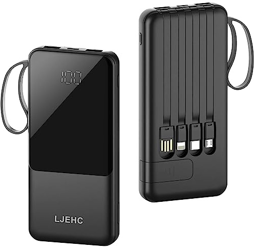 Portable Charger with Built in Cables,10000mAh Slim USB C Power Bank,5 Output 3 Input LED Display High Speed External Battery Pack Travel Phone Charger for iPhone Samsung Pixel LG Moto iPad,Black
