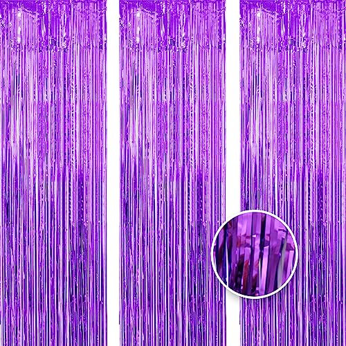 OWill 3pcs 3ft X 8.3ft Purple Metallic Tinsel Curtains Aluminum Foil Flow Silk Curtain Background Streamer Birthday Party Wedding Holiday Backdrop Decoration