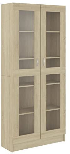 Homgoday Vitrine Schrank, modernes Bücherregal mit Glastüren, freistehender Vitrinenschrank für Wohnzimmer, Büro, Sideboard, Regal, Sonoma-Eiche, 82,5 x 30,5 x 185,5 cm, Holzwerkstoff