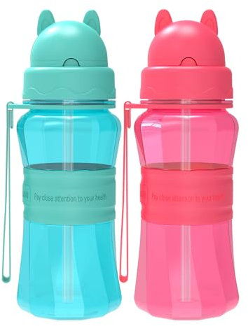 Sigdio 2 Pièces Gourde pour Enfants avec Paille garçons et filles Anti fuite sans BPA Facile à nettoyer Bouteille d'eau Enfant 1 2 3 4 5 Ans pour Maternelle, École (Bleu Clair et Rose Rouge)