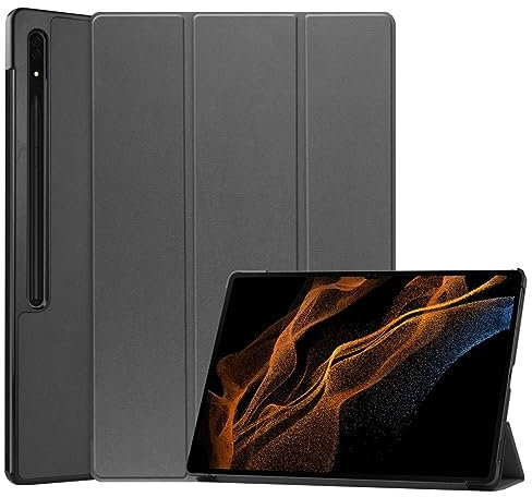 Wigento Für Samsung Galaxy Tab S9 Ultra X910 X916 3folt Wake UP Smart Standfunktion Cover Grau Tablet Tasche Etuis Hülle