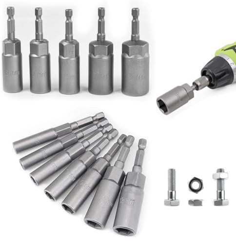 Lot de 12 douilles de 6 à 19 mm - Douilles hexagonales longues - Profondeur de traitement : 34 mm - Pour visseuse et clé à molette