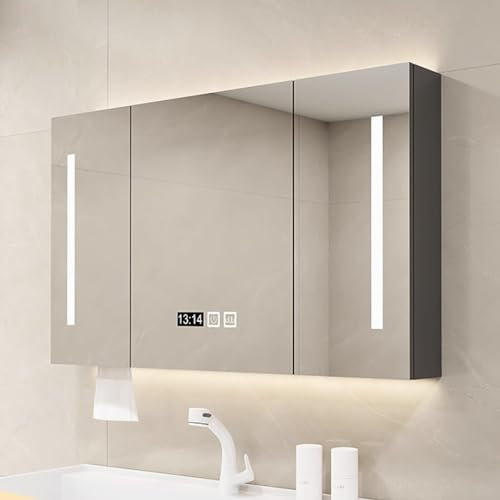 UkewEi Spiegelschrank Bad mit Beleuchtet, Wandbefestigung Badezimmerschrank mit Antibeschlag/Touch-Schalter, 3 Lichtfarbe Dimmbar, 100CM Badschrank mit Hinterleuchteten, 3 türig (Color : B, Size : 1