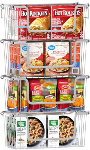 Orgneas Freezer Organizer Bins, Stackable Chest Freezer Baskets Metal Wire Kitchen Pantry Storage Open Front Deep Freezer Baskets with Foldable Handles, Set of 4