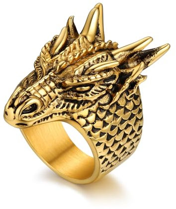 Bandmax Drachen Edelstahl Schlange Ring Gold - Größe 59 MM Biker Punk Gothic Schmuck für Jungen Mädchen