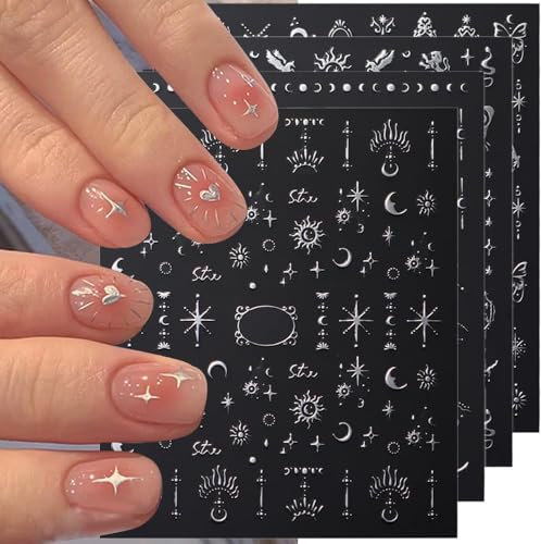 4 pcsMetallisch Silber Nagelsticker,Damen Nagel Stickers Stern Mond Sonne Nagelaufkleber, Nagelfolie Selbstklebend Nagel Sticker,Schmetterling Nail Art Stickers Nailart Aufkleber Nageldesign Zubehör