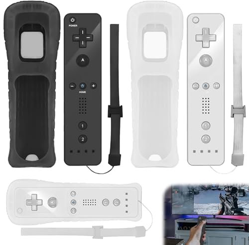 2 Pack Controller für Wii: Fernbedienung für Wii und Wii U, Wii u Remote mit Silikongehäuse und Handgelenksgurt, Drahtloser Bewegungssensor-Gpad-Controller für Nintend Wii-Konsole(Schwarz+Weiß)