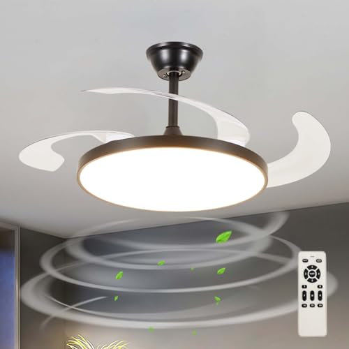 Large Ceiling Fans with Lights and Remote Silent Bedroom Retractable Fan Light LED Dimmable Reversible Modern Fan Ceiling Fan with Light Smart 6 Speed Indoor Flush Mounted for Living Room-Black||108cm