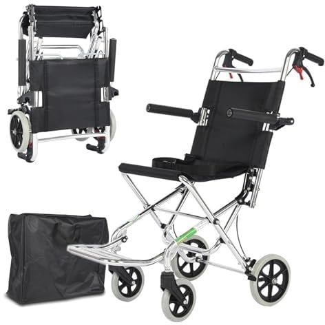 YFJBDKS Leichter Faltrollstuhl,Reise-Transportstühle für Erwachsene und Senioren,Tragbarer Bordrollstuhl mit Handbremse,Rollstuhl mit Aluminiumrahmen,Schwarz