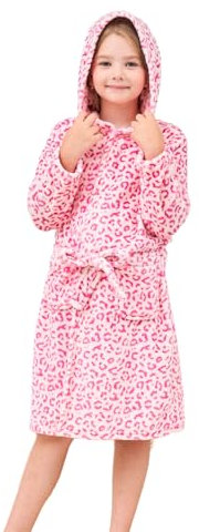 Piefry Morbido Accappatoio con Cappuccio per Bambine e Ragazze in Pile Vestaglia da Notte per Bambini (Leopardo Rosa, 5-6 anni)