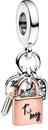 Rimgoris 925 Sterling Silver Charm for Women Bracelets Necklace Rose Glod Lock&Key Heart 3 piece set 5A Cubic Zirconia Valentine Mother's Day Gift Charms for Women