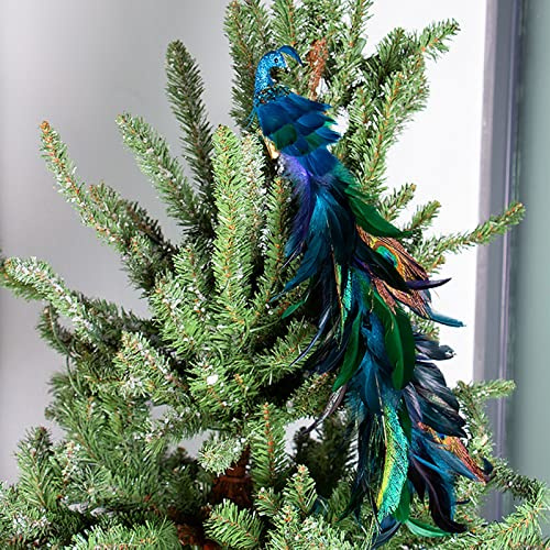 Faux Peacock Ornaments - Glitter White Blue Long Tail Feather Wedding Christmas Tree Ornament (Blue, 1PCS)