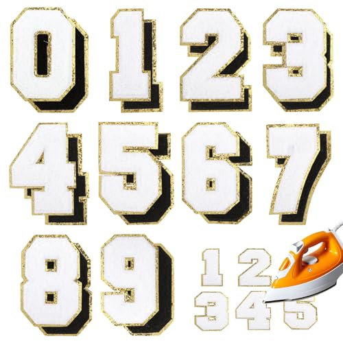 Neptniopllab 20 Pieces Iron on Chenille Number Patches, Number 0-9 Embroidered Chenille Patches with Glitter Sequins, Iron on Embroidery Numbers for Team Uniform Sports T Shirt Jeans Bags Decors