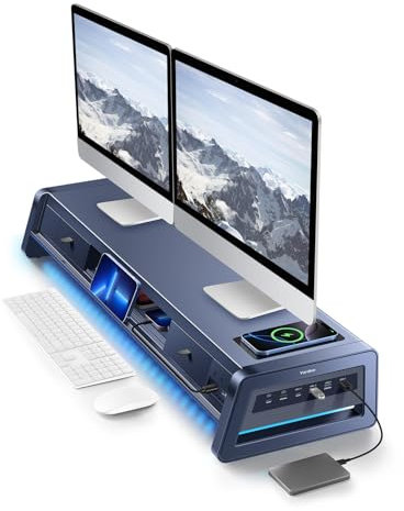 Vaydeer All-in-One Dual Monitor Stand Riser con 2 cassetti, 8USB Ports e Wireless Charging Pad con LED Light Strip per 2 monitor, Desk Organizer per PC, iMac (metallo, 39,3 pollici)