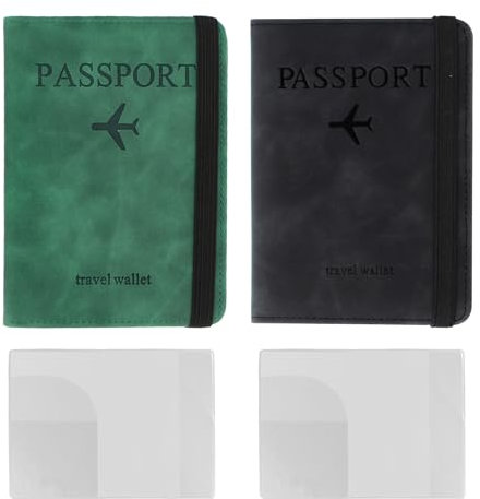 TAIHOBO Porta Passaporto da Viaggio, 2 Pezzi Custodia Passaporto con Blocco RFID, Porta Documenti Viaggio in Pelle PU, Portapassaporto da Viaggio Uomo Donna Multifunzionale (Nero Verde)