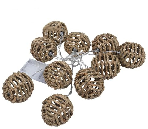 Rattan-Kugel-Lichterkette, dekorative Laternen-Lichterkette – Seegras-Rattan-Draht-Kugel-Laternen-Lichterkette, 10 Lichter für drinnen und draußen, Terrassen-Lichterkette für Zuhause, Pergola, Veranda