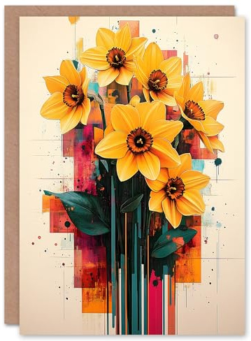 Artery8 Personalised Daffodil Bouquet Modern Floral Abstract Painting For Her Woman Birthday Card