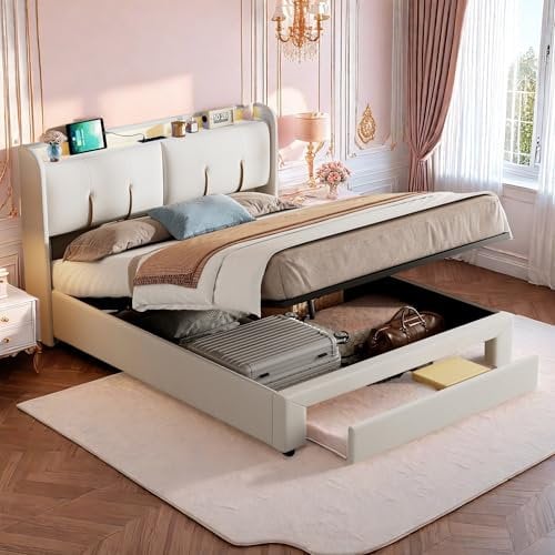 UnboxGermany Lit 140x200cm avec Rangement et LED, Lit Coffre avec 2 USB et Deux Prises, Sommier à Lattes, Velours, Blanc