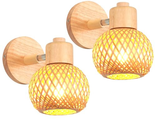 iDEGU 2 Stück Wandleuchten Innen E27 Wandlampe aus Holz Retro Lampenschirm aus Bambus Bohème-Stil Nachttischlampe Verstellbare Wandspot Rattan Lampe für Schlafzimmer Wohnzimmer Flur Esszimmer (13cm)