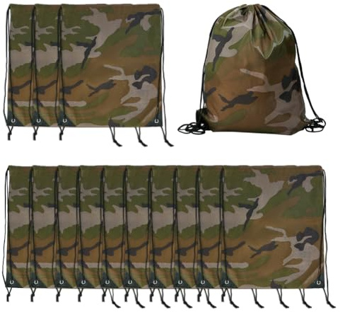 nbeads 14 Stk. Camo Tasche Drawstring Rucksäcke, 42x34cm Camouflage Kordelzug Taschen Camouflage Leichtgewicht Tarnrucksack für Turnhalle Camping Sackpack