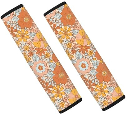 Wanyint Auto-Sicherheitsgurtpolster, weich, Schulterpolster für Damen und Herren, langlebiges Automobilzubehör, Dekoration, 2 Stück, Hippie-Blume, Orange