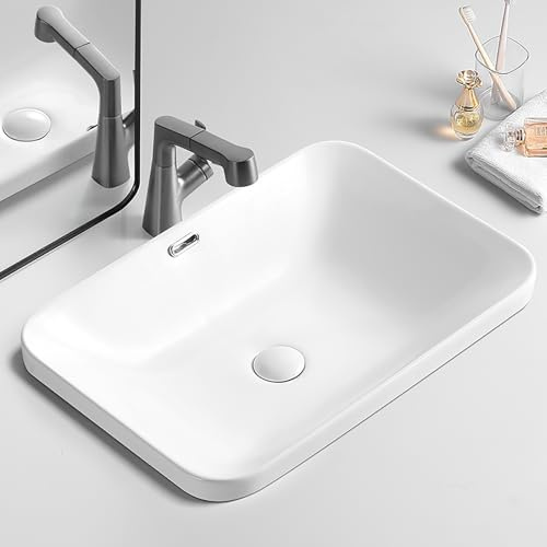 Lavandino da Bagno Rettangolare da Incasso con Troppopieno, Lavatoio Ceramica in Bianca, Lavabo Semi-Incassato, Moderno Lavandino Soprapiano(45 x 33 cm (17.7 x 13 in))