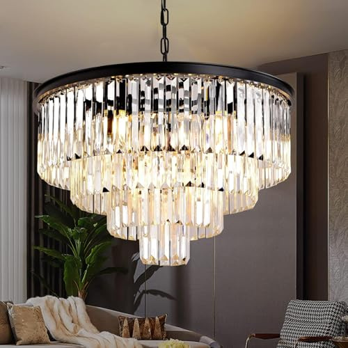MSSIAN Moderne schwarze Kristallkronleuchter,Ø60cm,K9,deckenmontierte Kristallleuchte, 9 x E14 Fassungen, passend für Wohnzimmer, Schlafzimmer, Küche, Eingangsbereich & Foyer