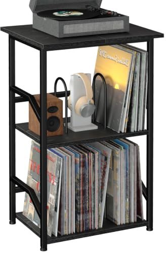 LOAKEKEL Record Player Stand, Vinyl Record Storage with Extra-Large Desktop | 3-Tier Side Table Hold Up to 200 Albums, Turntable Stand for Player, Bedside Table for Living Room, Bedroom, Black