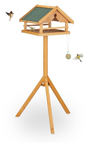 Relaxdays Bird Feeder with Stand, Waterproof Roof, Garden & Terrace, Bird House, Spruce Wood, Orange