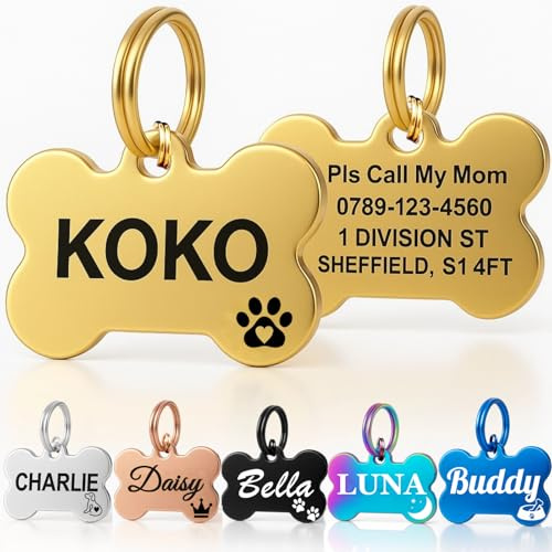 Personalised Dog Tags for Pets UK Prime, Deep Engraved Cat Dog Name ID Tags, Stainless Steel Pet Tag for Doggy Kitten Kitty Puppy, Scratch Resistant Tag (Gold Bone, L)
