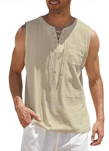 COOFANDY Cotton Holiday Vest Tops for Men Summer Sleeveless T Shirt Pirate Tunic Beach Hippie Tops Khaki L