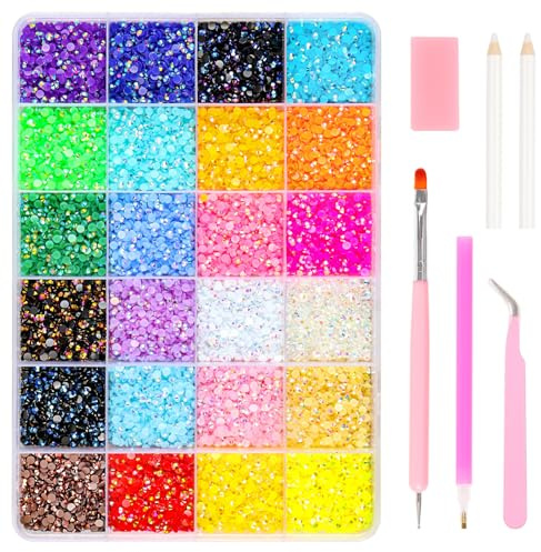 19200 Pieces Rhinestones for Nails, 3 mm Nail Art Strasssteine, 24 Colours Glitzersteine for Crafts, Flatback Gemstones, Round with Tweezers and Dotting Pen for DIY Nails Crafts Clothing Schuhe