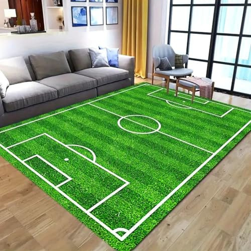 USHIRUG Fußballteppich für Wohnzimmer, 160x200cm Fußballmuster, Teppich Mit Grünem Rasen-Fußballfeld-Motiv, Ideal für Schlafzimmer, Kinderzimmer, Spielzimmer und Mehr Bodenmatte fürs Kinderzimmer
