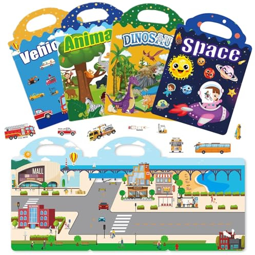 LIULINY 4 Stück Stickerbuch für Kinder Tragbare, Wasserdichte Reusable | Reusable Sticker Book Kleinkind, Jelly Sticker Book für Weltraum Dinosaurier Tiere Transportmittel Sensory Learning Spielzeug