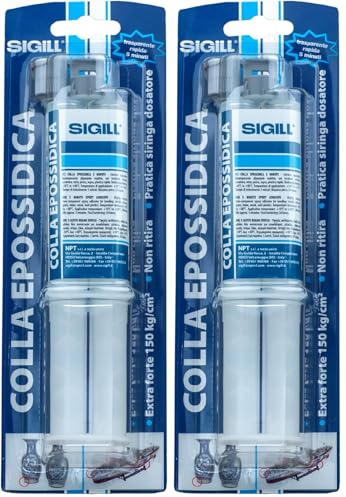 SIGILL, Colla Epossidica, Adesivo Epossidico Bicomponente (A+B) Super Resistente fino a -40°C e +80°C, Resistente ad Acqua e Agenti Chimici, Trasparente e Rapido, Siringa da 25 ml (A+B)