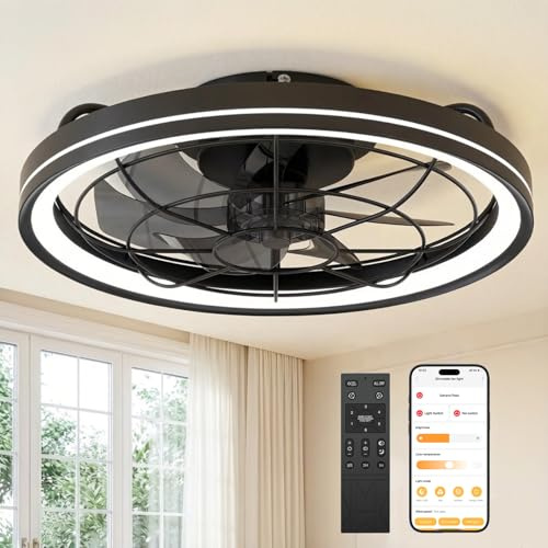 CIRYASR 50cm Ceiling Fans with Lights and Remote, Protective Cage 6 Speeds and 3000K-6500K Dimmable Quiet Ceiling Fan Light, Smart Fan Light for Bedroom Living Room Dining Room, Black