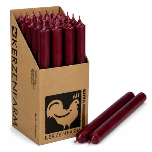Extra lange Stabkerzen Bordeaux Rot – 25 cm (250 mm) – Ø 2,2 cm – durchgefärbt & tropffrei – Made in Germany – Kerzenfarm Hahn – 12 Std. Brenndauer – wählbar 10 oder 25 Stück (10, Bordeaux Rot)