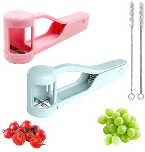 2 PCS Grape Cutter, Fruit Cutter Set with Cleaning Brush, Ideal for Party Food Preparation and Salad Making, Four-Piece Kitchen Tool Collection in Light Blue and Pink Colours