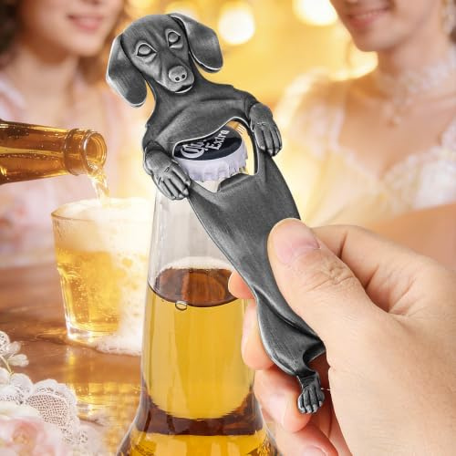 Silver Dachshund Shaped Bottle Opener, Sausage Dog Beer Opener with Gift Bag, Metal Beer Accessory for BBQ Party, Home Bar Kitchen Tools, Cool Pet Dog Gifts for Him Men, Fathers Day Gift Set