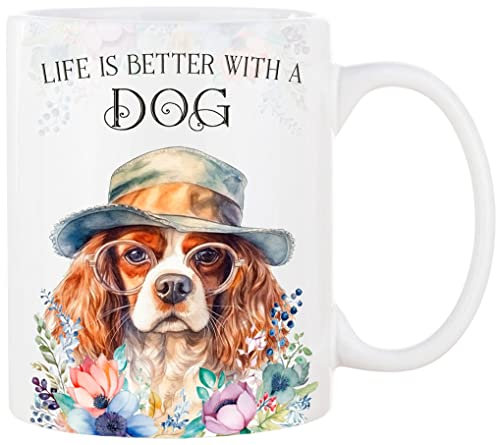Cadouri Keramik Hunde Tasse mit Spruch „Life is better with a Dog“ und King Charles Spaniel - Kaffeetasse mit Hunderasse für Hundebesitzer - originelles Geschenk - handgefertigt | 330 ml