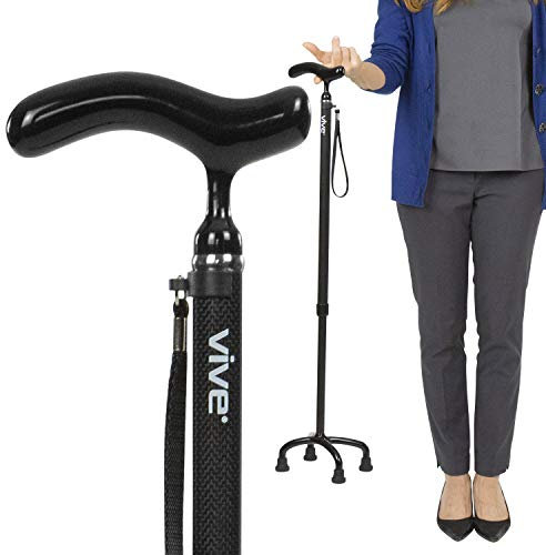 Vive Quad Cane - Carbon Fiber Lightweight Walking Stick for Men & Women - Adjustable Ergonomic Grip Handle - Nonslip Four Prong Rubber Tips for Right & Left Stability Support - Mobility Travel Aid