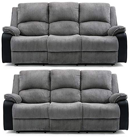 More4Homes POSTANA HIGH BACK JUMBO CORD FABRIC RECLINER 3 + 2 + 1 SOFA ARMCHAIR SET SUITE (Grey, 3 + 3)