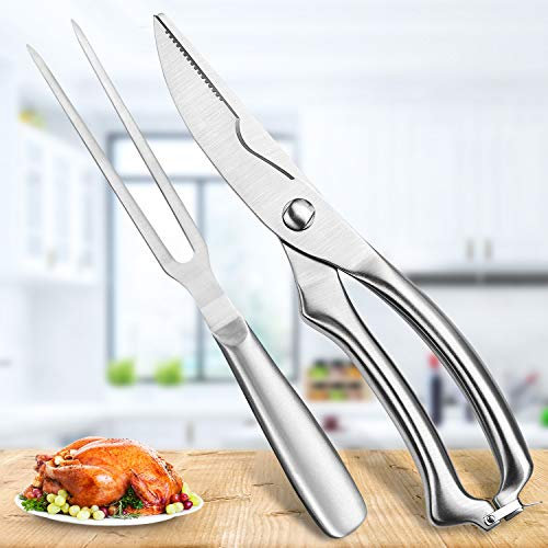 Heavy Duty Stainless Steel Poultry Shears, Premium Ultra Sharp Spring-Loaded Kitchen Food Scissors For Bone, Chicken, Meat, Fish, Seafood.BBQ Fork for Multiple Use(Silver)