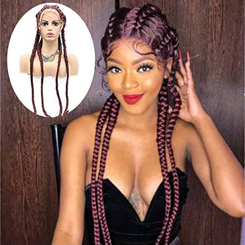 4 Zöpfe Weinrot Lace Front Wigs Burgundy Box Braids Frisuren Geflochten mit Baby Haar Xpression Braiding Hitzebeständige Faser Perücken für Frauen 76,2 cm