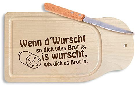 Bavariashop - Brotzeitbrett Wenn d´Wurscht so dick wias Brot is Schneidebrett aus Ahorn-Holz, Frühstücksbrett mit Messer